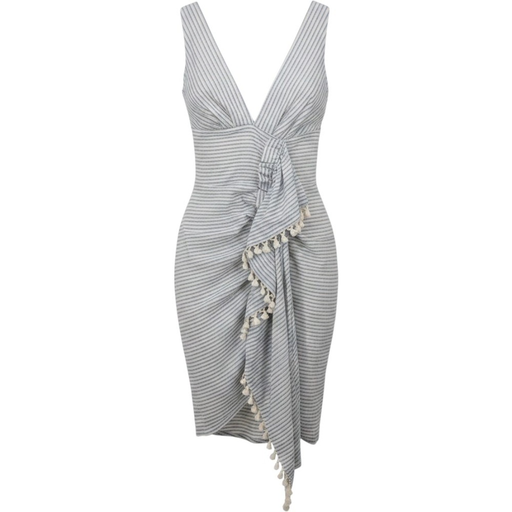 FORE Dress Women Large Blue Stripe Tassel V Neck Sleeveless Asymmetrical Hem